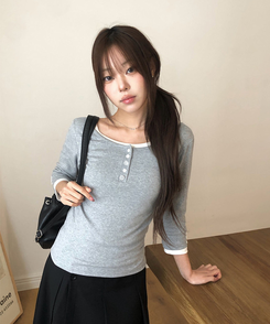 ラウンドボタン7分袖Tシャツ(5color) GREY