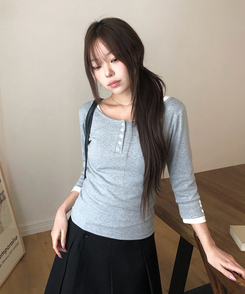 ラウンドボタン7分袖Tシャツ(5color) GREY