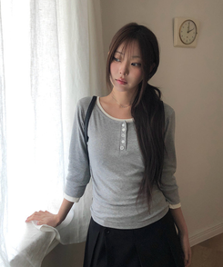 ラウンドボタン7分袖Tシャツ(5color) GREY