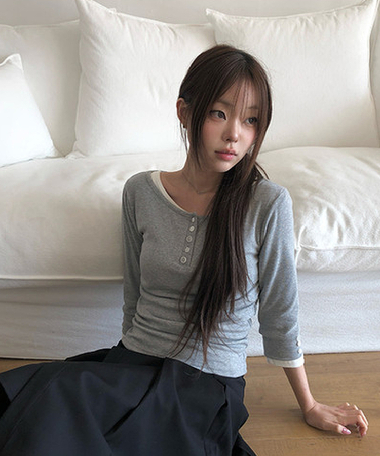 ラウンドボタン7分袖Tシャツ(5color) GREY