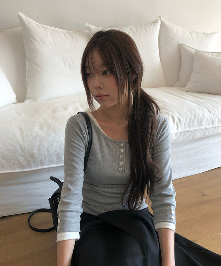 ラウンドボタン7分袖Tシャツ(5color) GREY