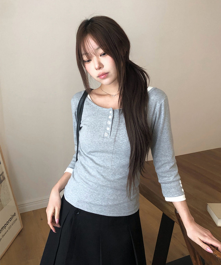 ラウンドボタン7分袖Tシャツ(5color) GREY