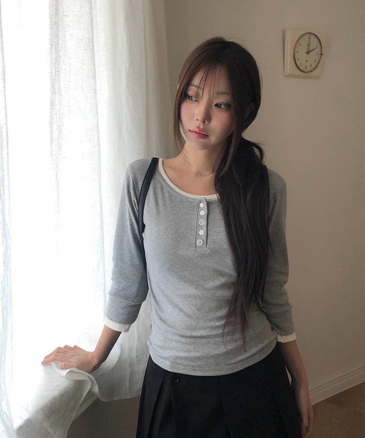 ラウンドボタン7分袖Tシャツ(5color) GREY