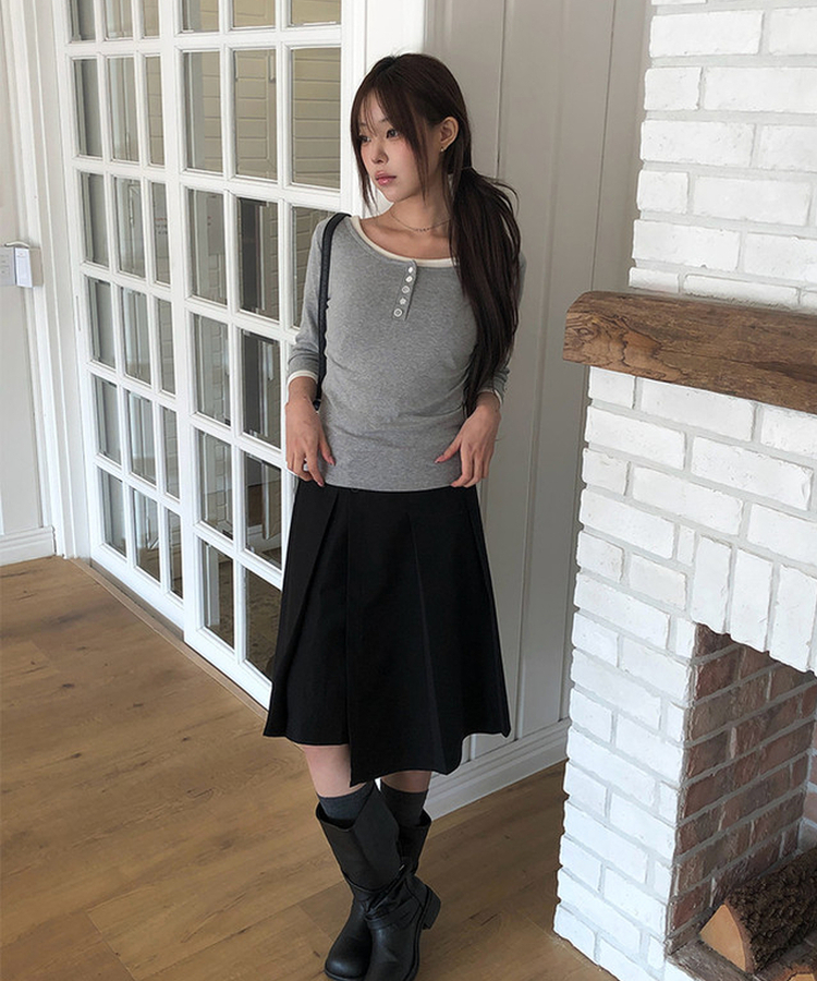 ラウンドボタン7分袖Tシャツ(5color) GREY