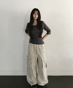 Uネック無地デイリー7分袖Tシャツ(5color) CHARCOAL