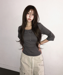 Uネック無地デイリー7分袖Tシャツ(5color) CHARCOAL