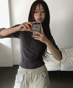 Uネック無地デイリー7分袖Tシャツ(5color) CHARCOAL