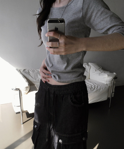 Uネック無地デイリー7分袖Tシャツ(5color) Merange Gray