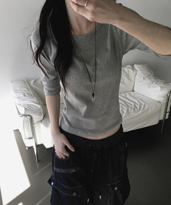 Uネック無地デイリー7分袖Tシャツ(5color) Merange Gray