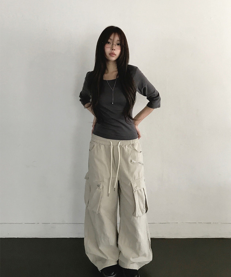 Uネック無地デイリー7分袖Tシャツ(5color) CHARCOAL