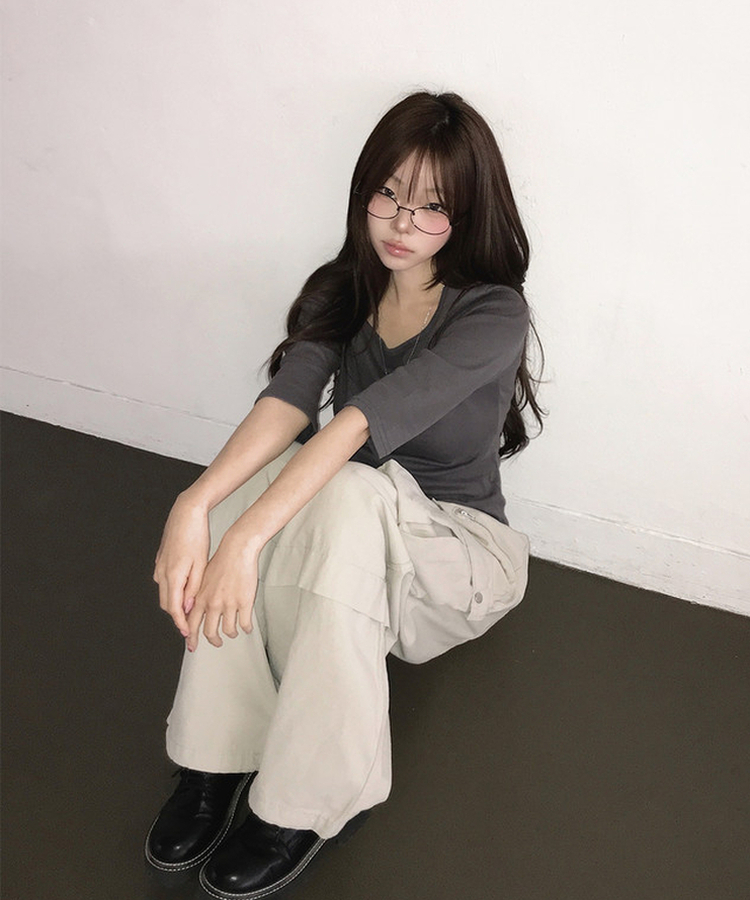 Uネック無地デイリー7分袖Tシャツ(5color) CHARCOAL