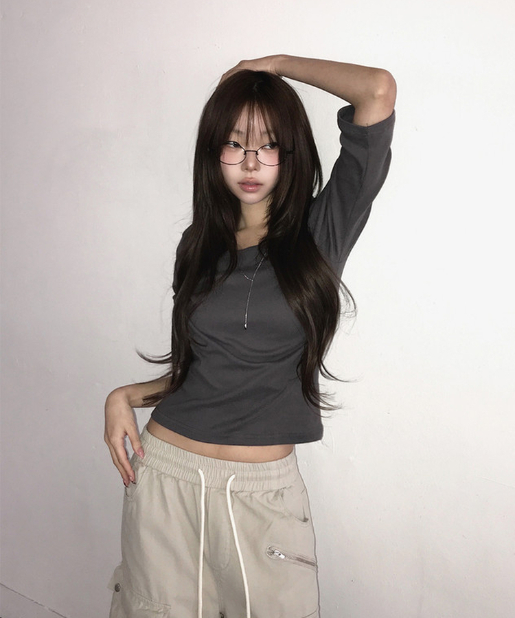 Uネック無地デイリー7分袖Tシャツ(5color) CHARCOAL