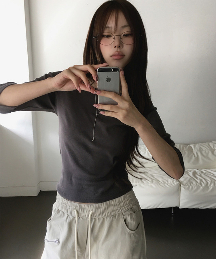 Uネック無地デイリー7分袖Tシャツ(5color) CHARCOAL