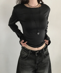 ベーシックデイリースリム無地長袖Tシャツ(5color) BLACK