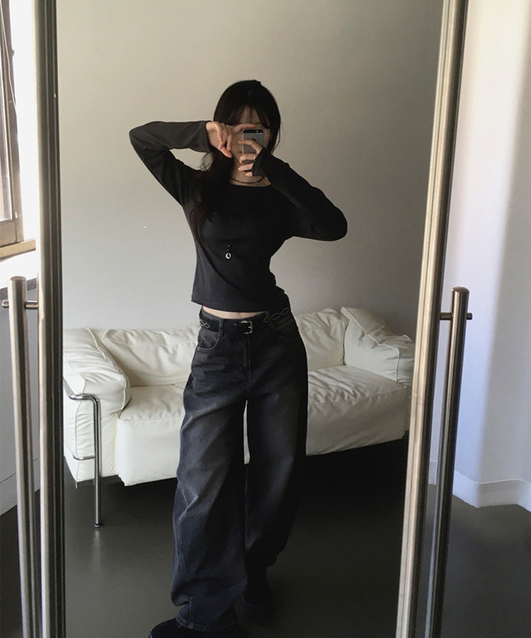 ベーシックデイリースリム無地長袖Tシャツ(5color) BLACK