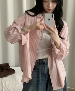 베리온 스트라이프 랩버튼 펜던트 오버핏 셔츠 남방 3color 핑크