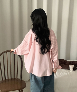베리온 스트라이프 랩버튼 펜던트 오버핏 셔츠 남방 3color 핑크
