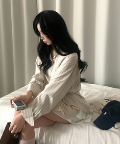 베리온 스트라이프 랩버튼 펜던트 오버핏 셔츠 남방 3color 베이지