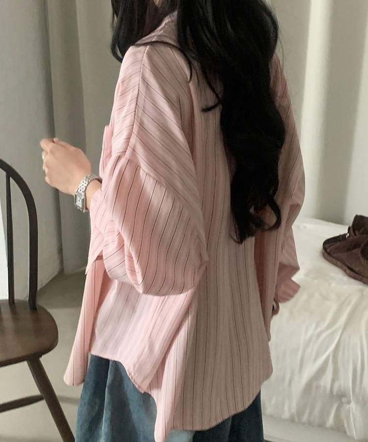 베리온 스트라이프 랩버튼 펜던트 오버핏 셔츠 남방 3color 핑크