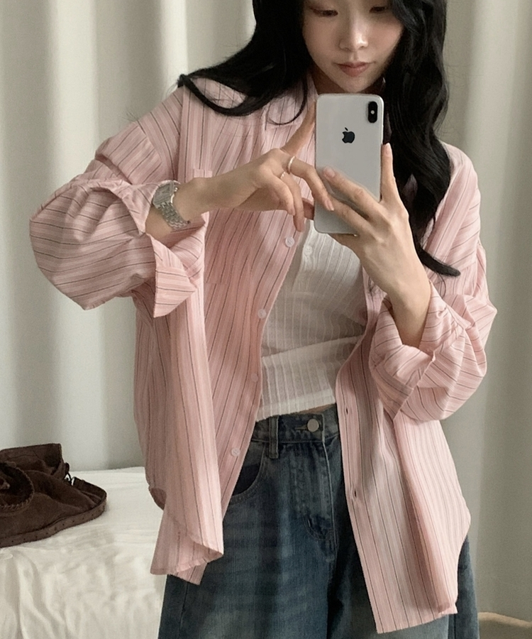 베리온 스트라이프 랩버튼 펜던트 오버핏 셔츠 남방 3color 핑크
