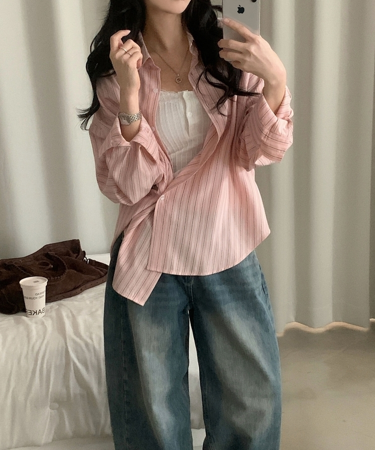 베리온 스트라이프 랩버튼 펜던트 오버핏 셔츠 남방 3color 핑크