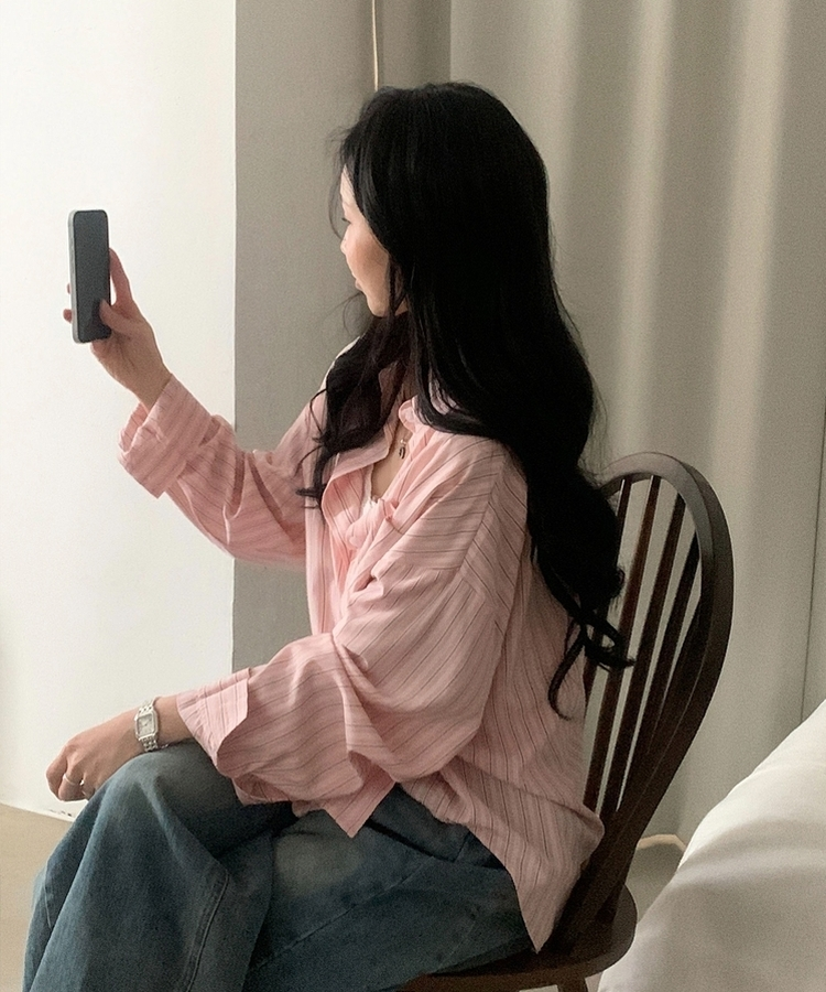 베리온 스트라이프 랩버튼 펜던트 오버핏 셔츠 남방 3color 핑크