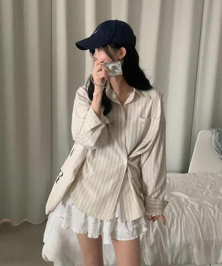 베리온 스트라이프 랩버튼 펜던트 오버핏 셔츠 남방 3color 베이지