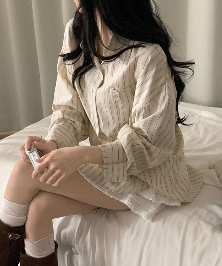 베리온 스트라이프 랩버튼 펜던트 오버핏 셔츠 남방 3color 베이지