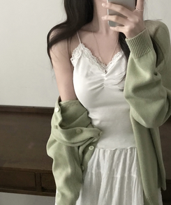 로제 레이스 꽃 셔링 슬리브리스 나시 아이보리