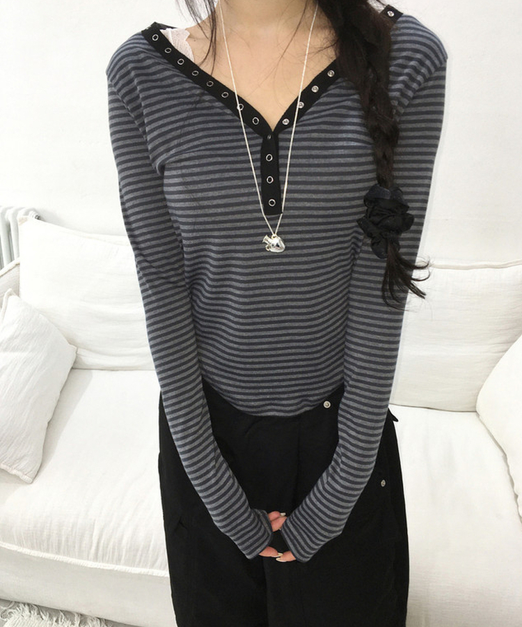 ボタンストライプトップス CHARCOAL