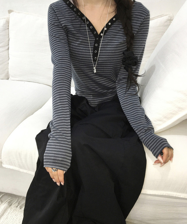 ボタンストライプトップス CHARCOAL