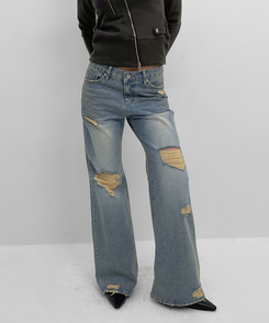 ダメージブーツカットデニムパンツ BLUE