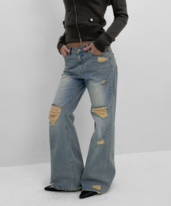 ダメージブーツカットデニムパンツ BLUE