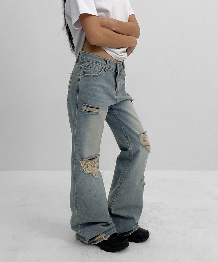 ダメージブーツカットデニムパンツ BLUE