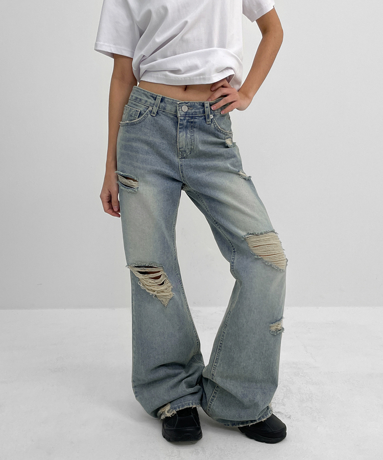 ダメージブーツカットデニムパンツ BLUE