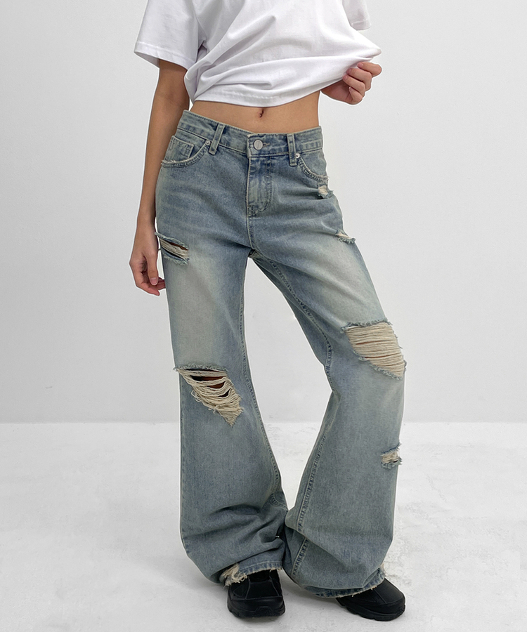 ダメージブーツカットデニムパンツ BLUE