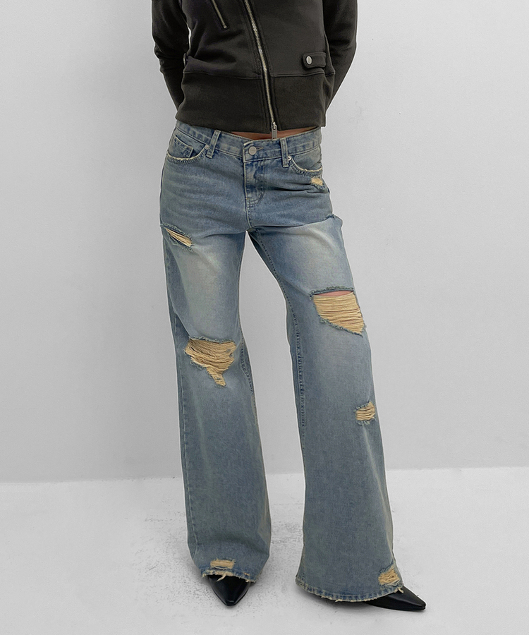 ダメージブーツカットデニムパンツ BLUE
