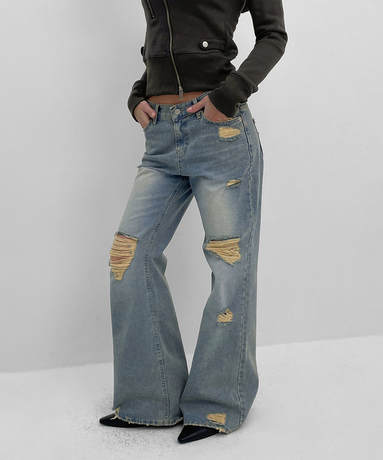 ダメージブーツカットデニムパンツ BLUE