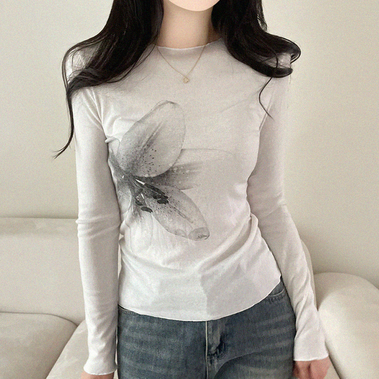 プリントスリム長袖Tシャツ IVORY