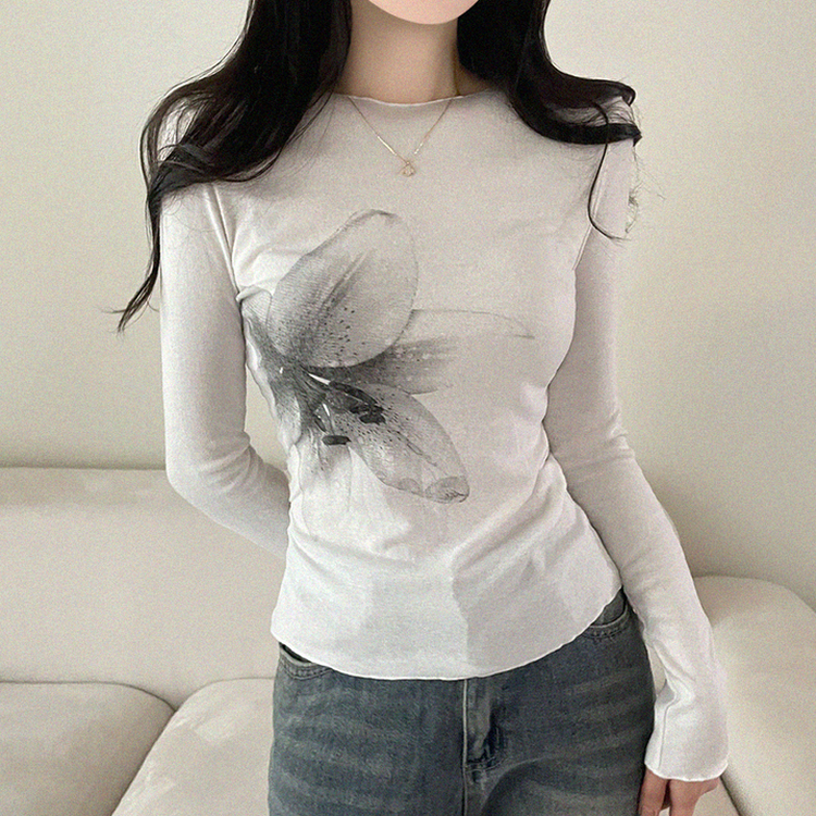 プリントスリム長袖Tシャツ IVORY