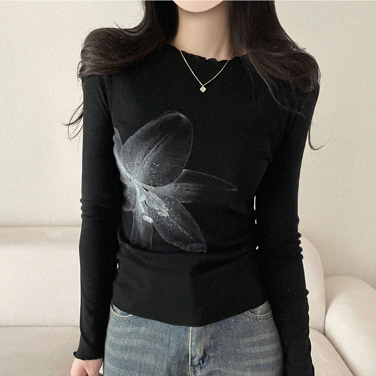 プリントスリム長袖Tシャツ BLACK