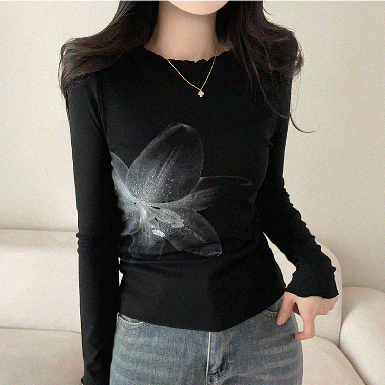 プリントスリム長袖Tシャツ BLACK