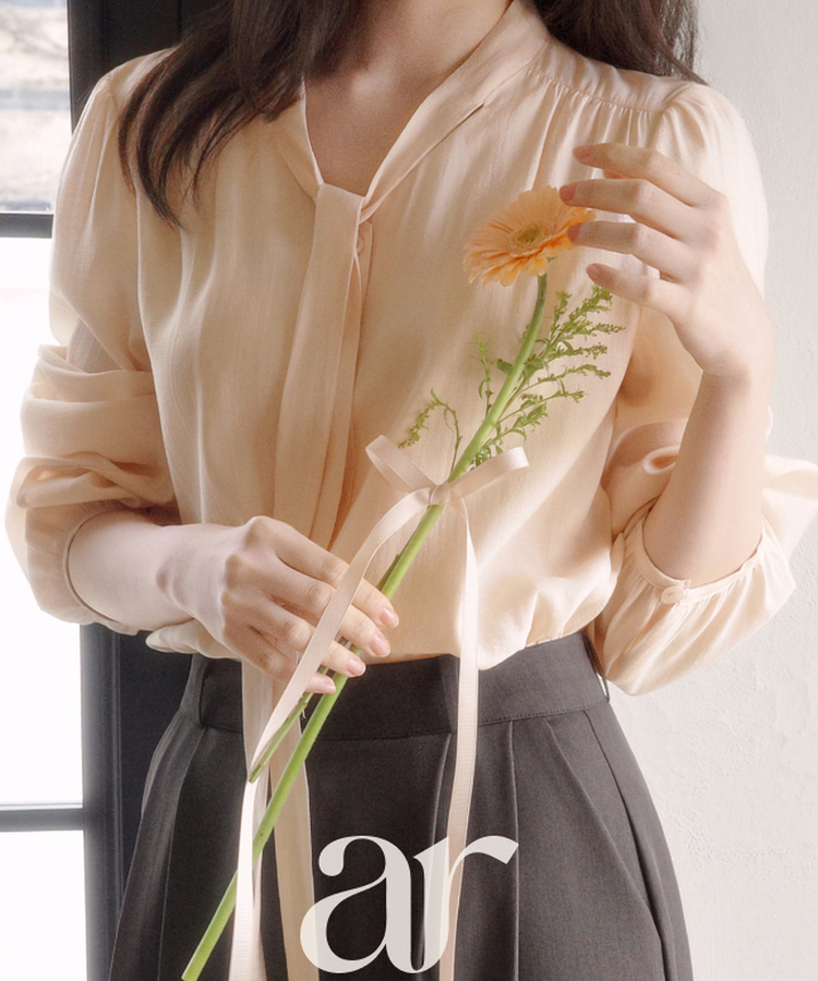 （MADE／着回し力抜群／シワになりにくい／ベストセラー♥）タイ付き 長袖ブラウス PINK