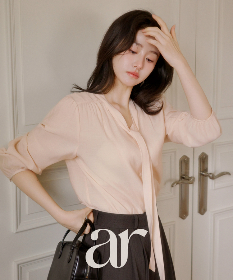 （MADE／着回し力抜群／シワになりにくい／ベストセラー♥）タイ付き 長袖ブラウス PINK