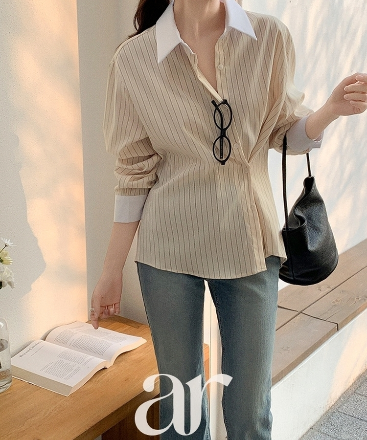 （MADE／2WAYフィット／通勤スタイルに◎）ストライプ 2WAYボタン 配色カラーシャツ BUTTER CREAM