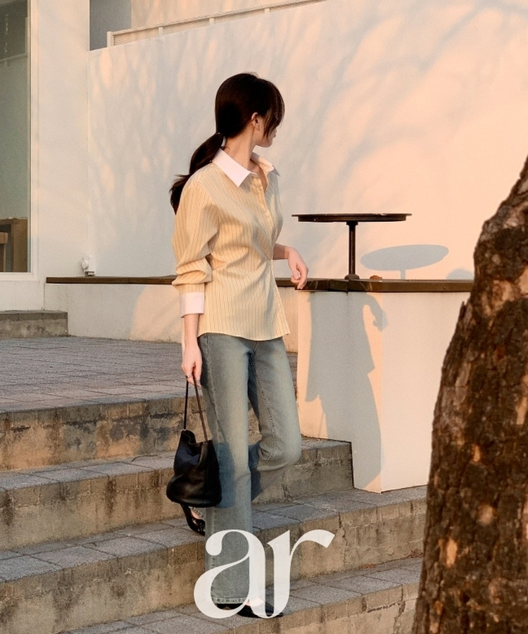 （MADE／2WAYフィット／通勤スタイルに◎）ストライプ 2WAYボタン 配色カラーシャツ BUTTER CREAM