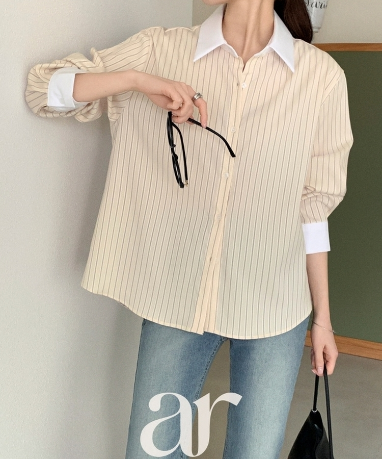（MADE／2WAYフィット／通勤スタイルに◎）ストライプ 2WAYボタン 配色カラーシャツ BUTTER CREAM