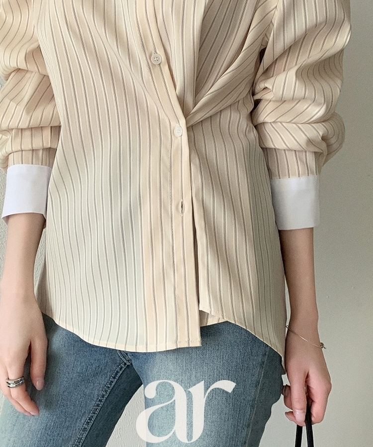 （MADE／2WAYフィット／通勤スタイルに◎）ストライプ 2WAYボタン 配色カラーシャツ BUTTER CREAM