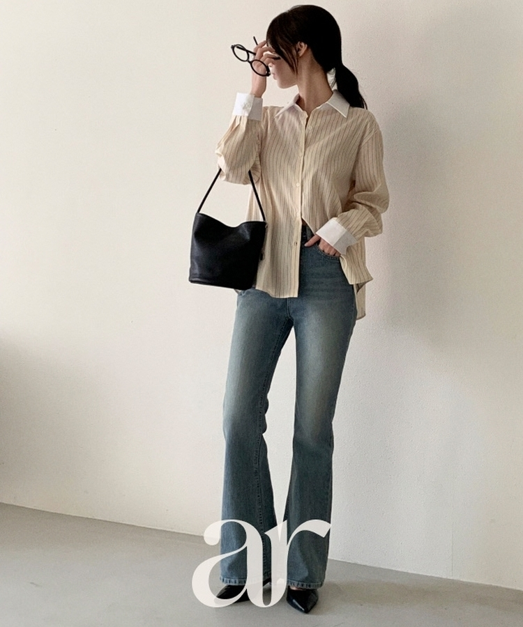 （MADE／2WAYフィット／通勤スタイルに◎）ストライプ 2WAYボタン 配色カラーシャツ BUTTER CREAM