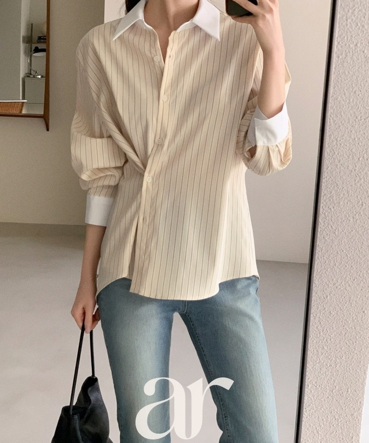 （MADE／2WAYフィット／通勤スタイルに◎）ストライプ 2WAYボタン 配色カラーシャツ BUTTER CREAM